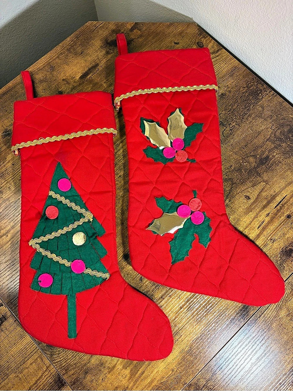 Quilted Christmas Stockings Red & Green Set Vintage Handmade “His & Hers” Twins